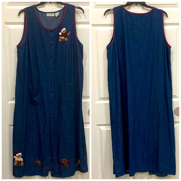 Ugly Christmas Denim xmas teddy bear drummer boy button front plus Sz 22 dress - Picture 1 of 10